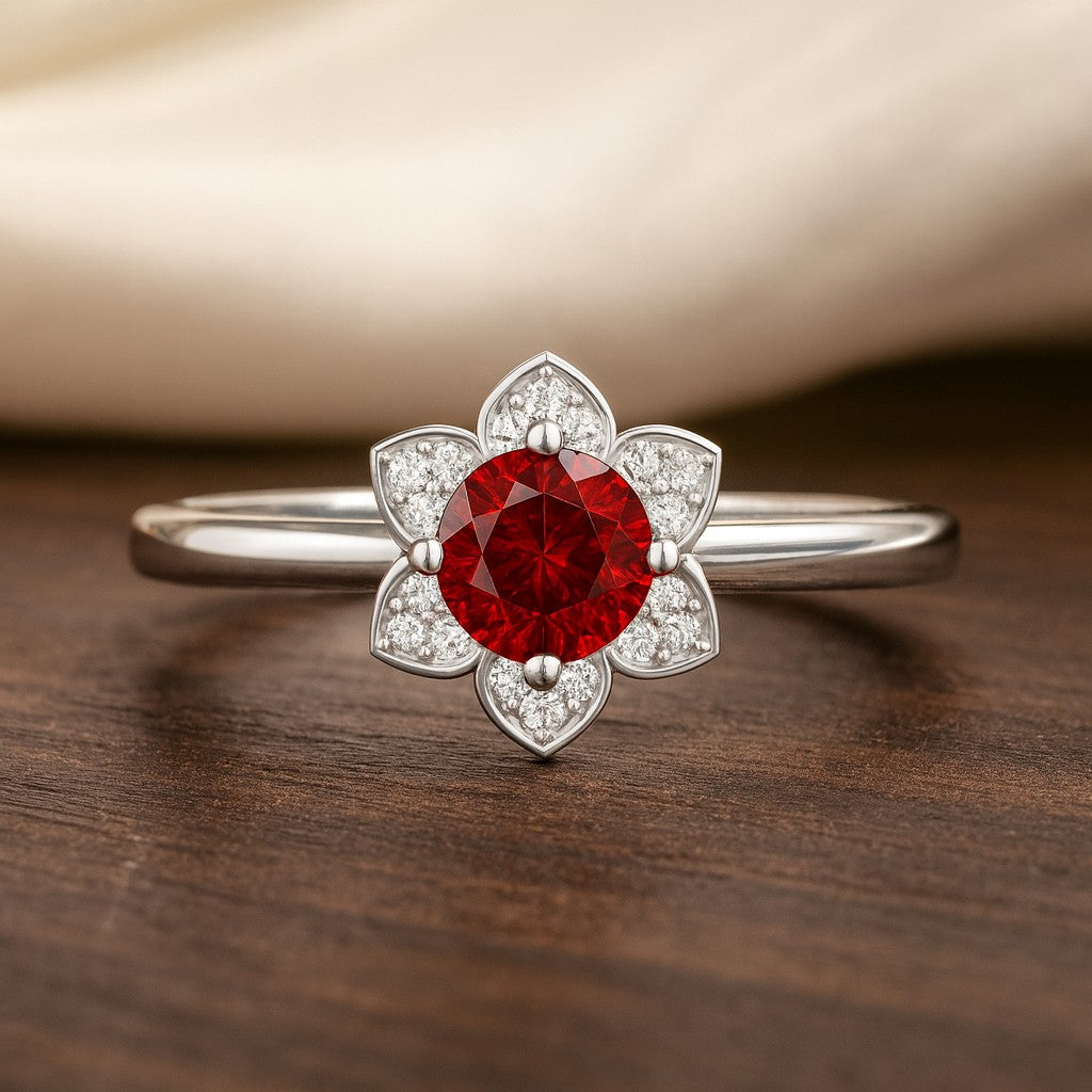 Floral Halo Solitaire Ring | Sterling Silver Birthstone Ring | Genuine Gemstone & Diamond Studded Ring | Personalized Promise Ring | Gift for Her
