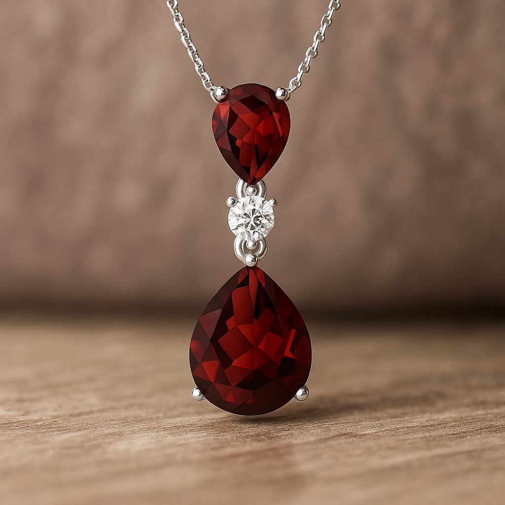 Double Pear Drop Pendant | Starburst Pendant | Heart Knot Teardrop Pendant | Sterling Silver Birthstone Necklace | Diamond Accent | Adjustable Chain | 15 Gemstone Choices