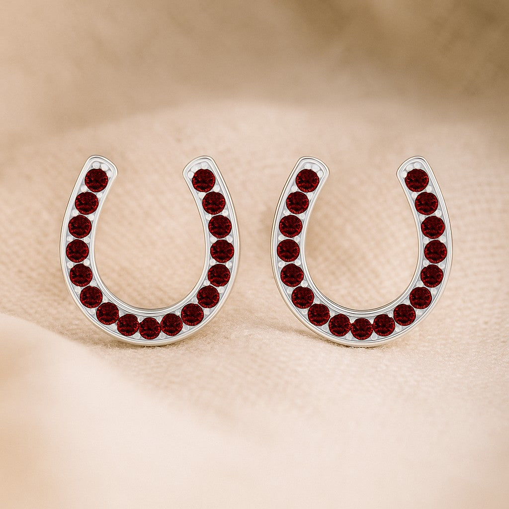 Horseshoe Stud Earrings | 925 Sterling Silver Birthstone Stud Earrings | Diamond Accent Gemstone Earrings | 15 Birthstone Options | Gift for Women