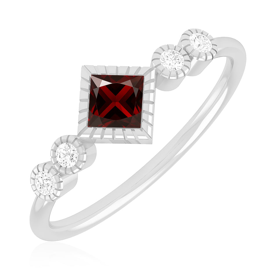 Princess Cut Bezel Three-Stone Ring | Sterling Silver Birthstone Ring | Genuine Gemstone & Diamond Studded Ring | Personalized Promise Ring | Gift for Her