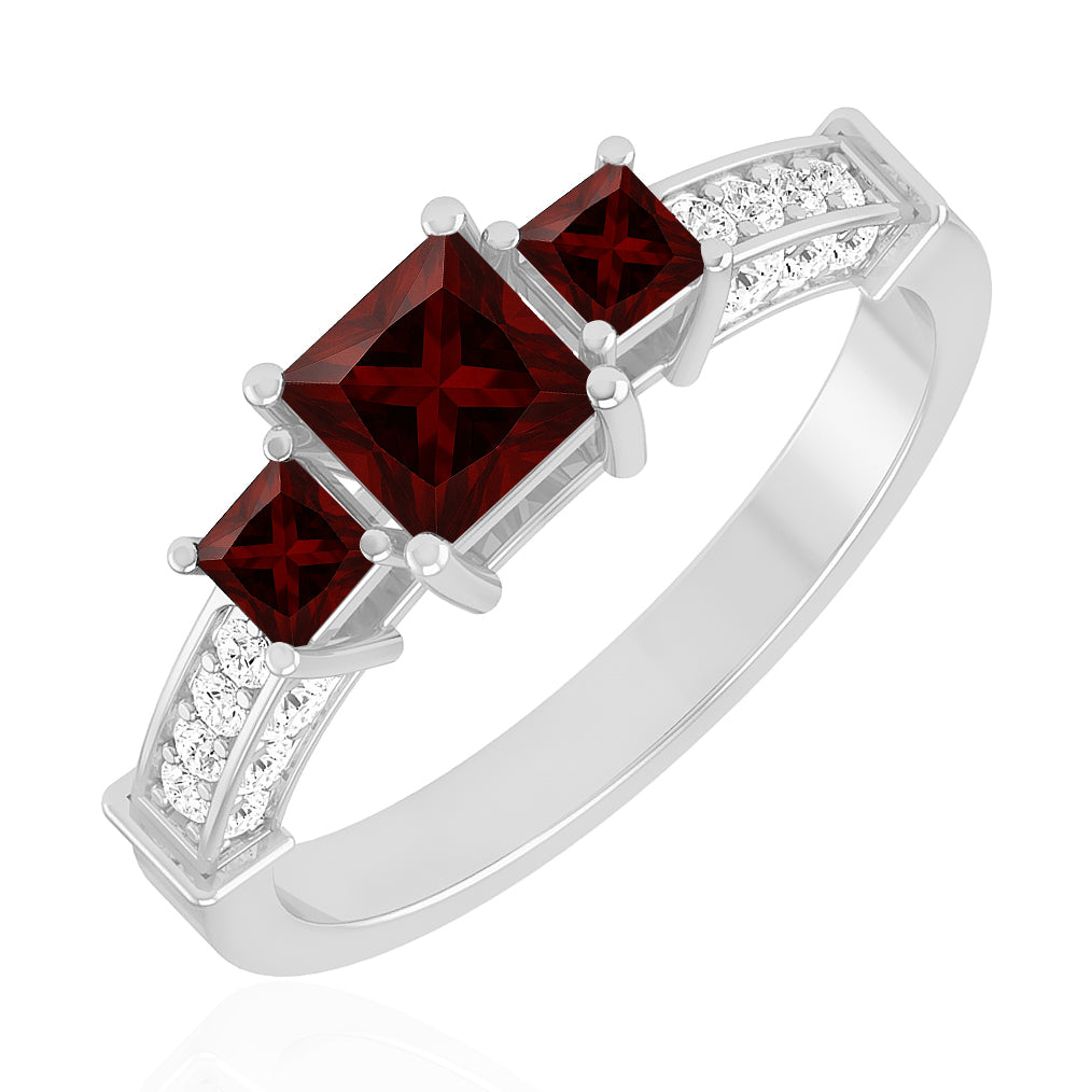 Princess Cut Three-Stone Ring | Sterling Silver Birthstone Ring | Genuine Gemstone & Diamond Studded Ring | Personalized Promise Ring | Gift for Her