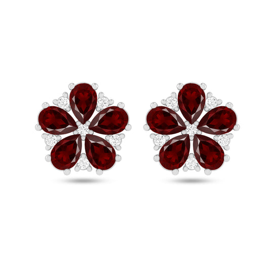 Pear Cut Garnet Gemstones | 925 Sterling Silver Birthstone Stud Earrings | Diamond Accent Gemstone Earrings | 15 Birthstone Options | Gift for Women
