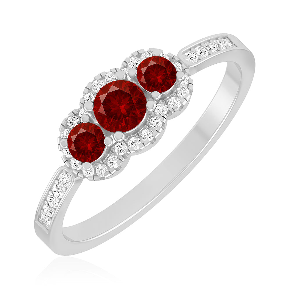 Trilogy Halo Ring | Sterling Silver Birthstone Ring | Genuine Gemstone & Diamond Studded Ring | Personalized Promise Ring | Gift for Her
