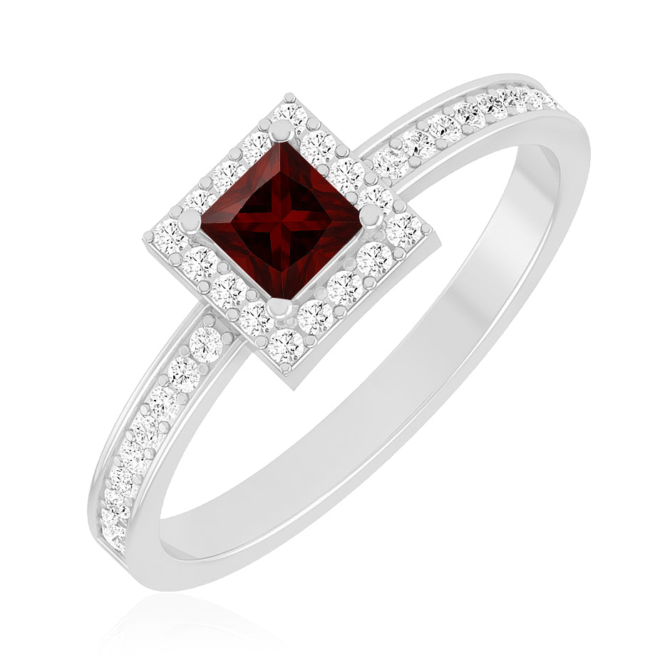 Princess Halo Solitaire Ring | Sterling Silver Birthstone Ring | Genuine Gemstone & Diamond Studded Ring | Personalized Promise Ring | Gift for Her