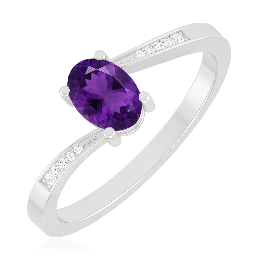 Oval Solitaire Ring | Sterling Silver Birthstone Ring | Genuine Gemstone & Diamond Studded Ring | Personalized Promise Ring | Gift for Her