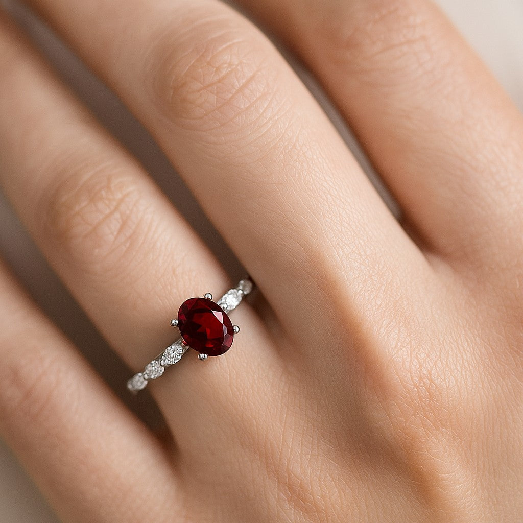 Oval Solitaire Ring with Marquise Diamond Accents | Sterling Silver Birthstone Ring | Genuine Gemstone & Diamond Studded Ring | Personalized Promise Ring | Gift for Her (Copy)