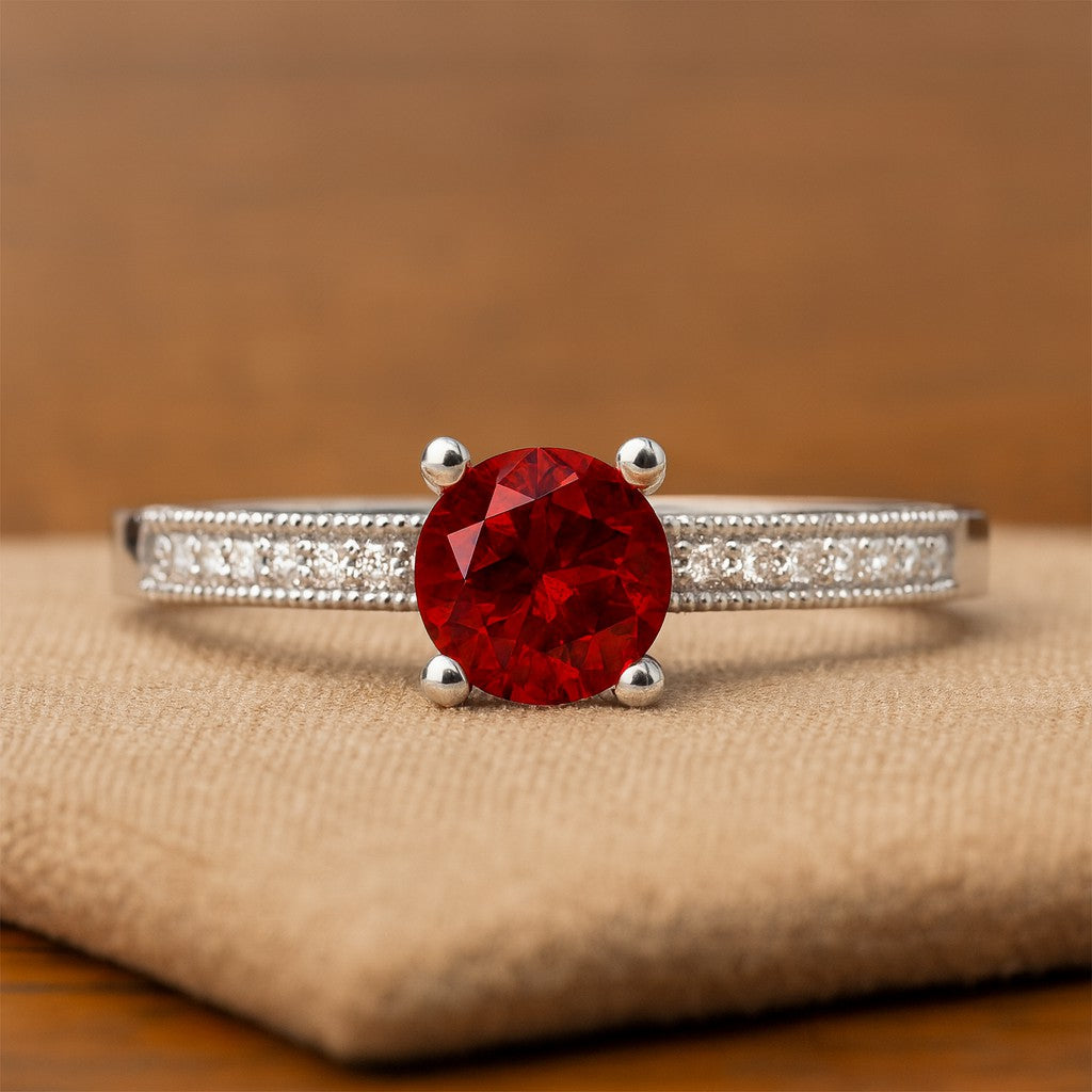 Milgrain Solitaire Ring | Sterling Silver Birthstone Ring | Genuine Gemstone & Diamond Studded Ring | Personalized Promise Ring | Gift for Her