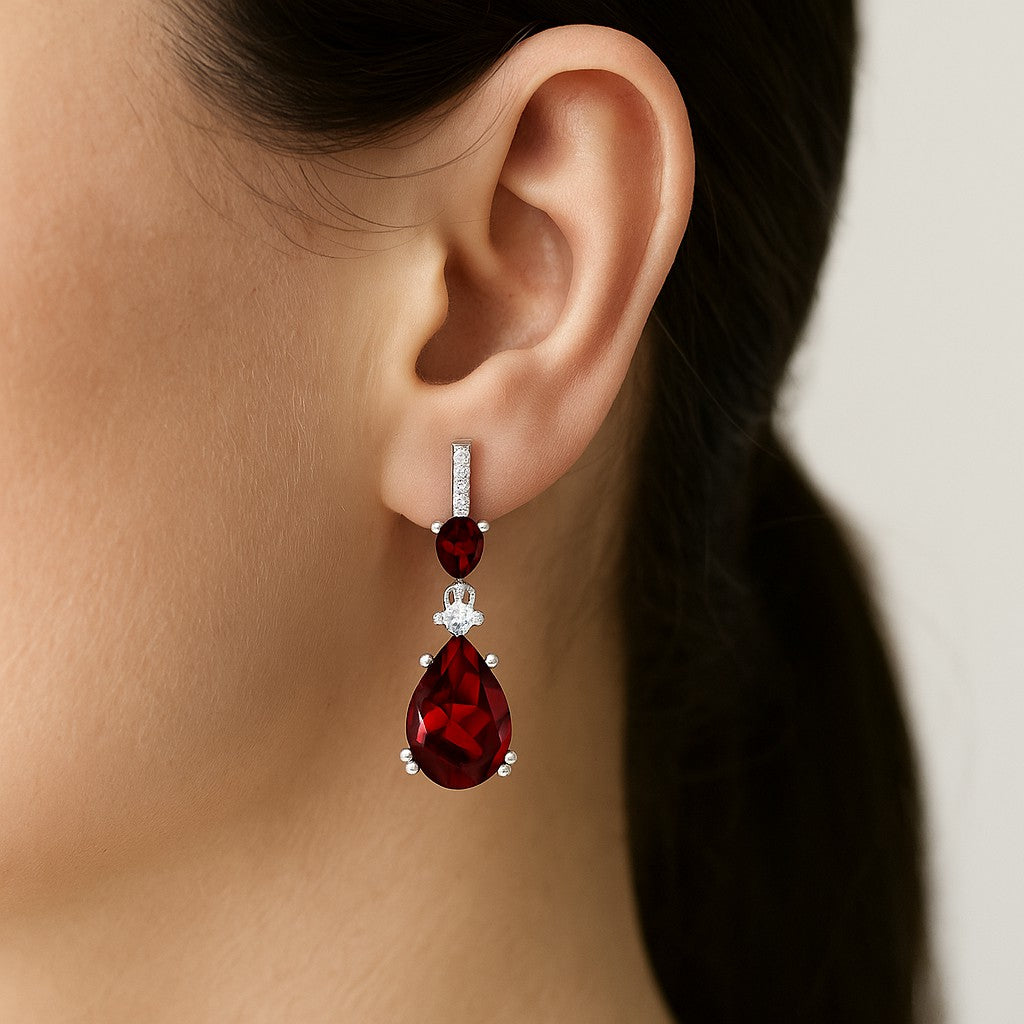 Three-Stone Drop Earrings | 925 Sterling Silver Birthstone Stud Earrings | Diamond Accent Gemstone Earrings | 15 Birthstone Options | Gift for Women
