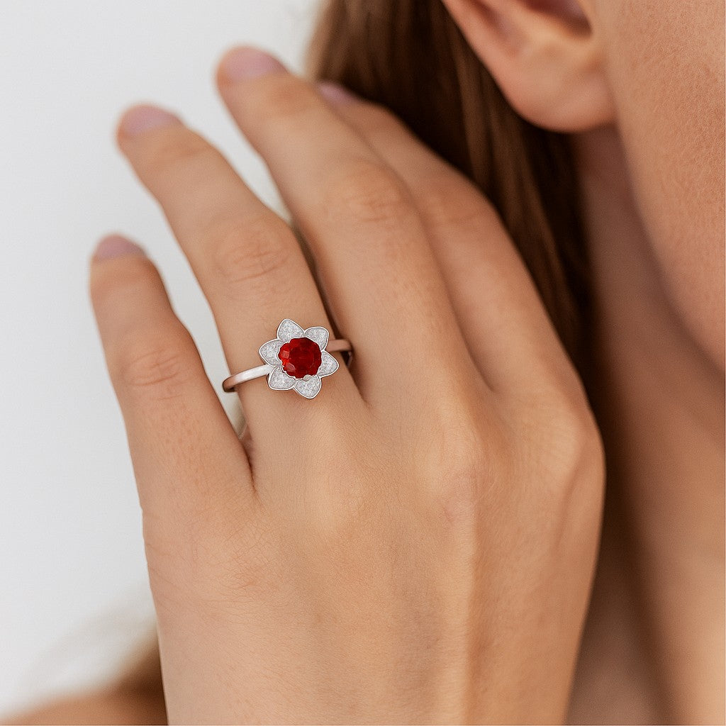 Floral Halo Solitaire Ring | Sterling Silver Birthstone Ring | Genuine Gemstone & Diamond Studded Ring | Personalized Promise Ring | Gift for Her