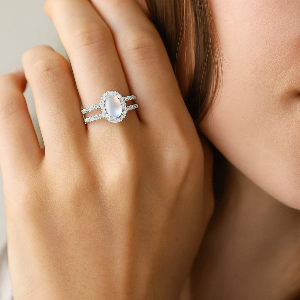 Halo Split Shank Ring | Sterling Silver Birthstone Ring | Genuine Gemstone & Diamond Studded Ring | Personalized Promise Ring | Gift for Her