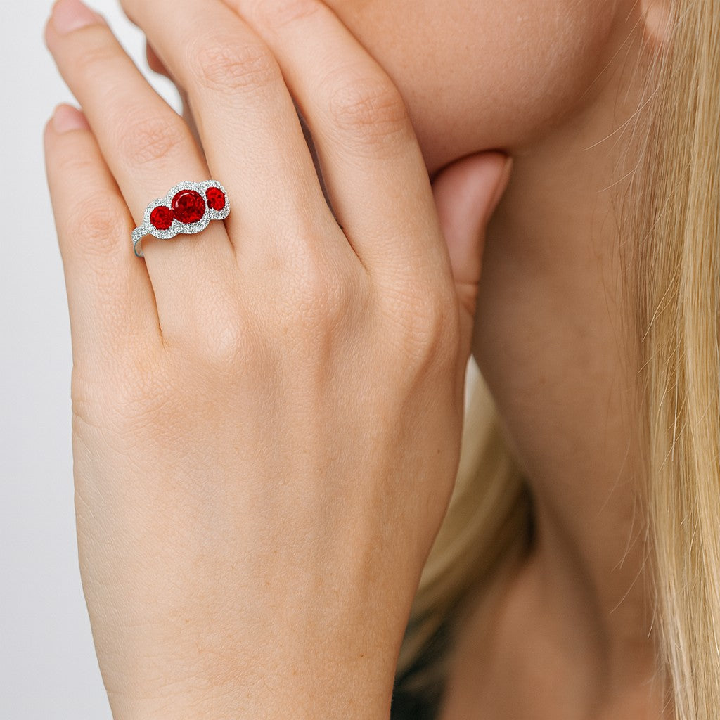 Trilogy Halo Ring | Sterling Silver Birthstone Ring | Genuine Gemstone & Diamond Studded Ring | Personalized Promise Ring | Gift for Her