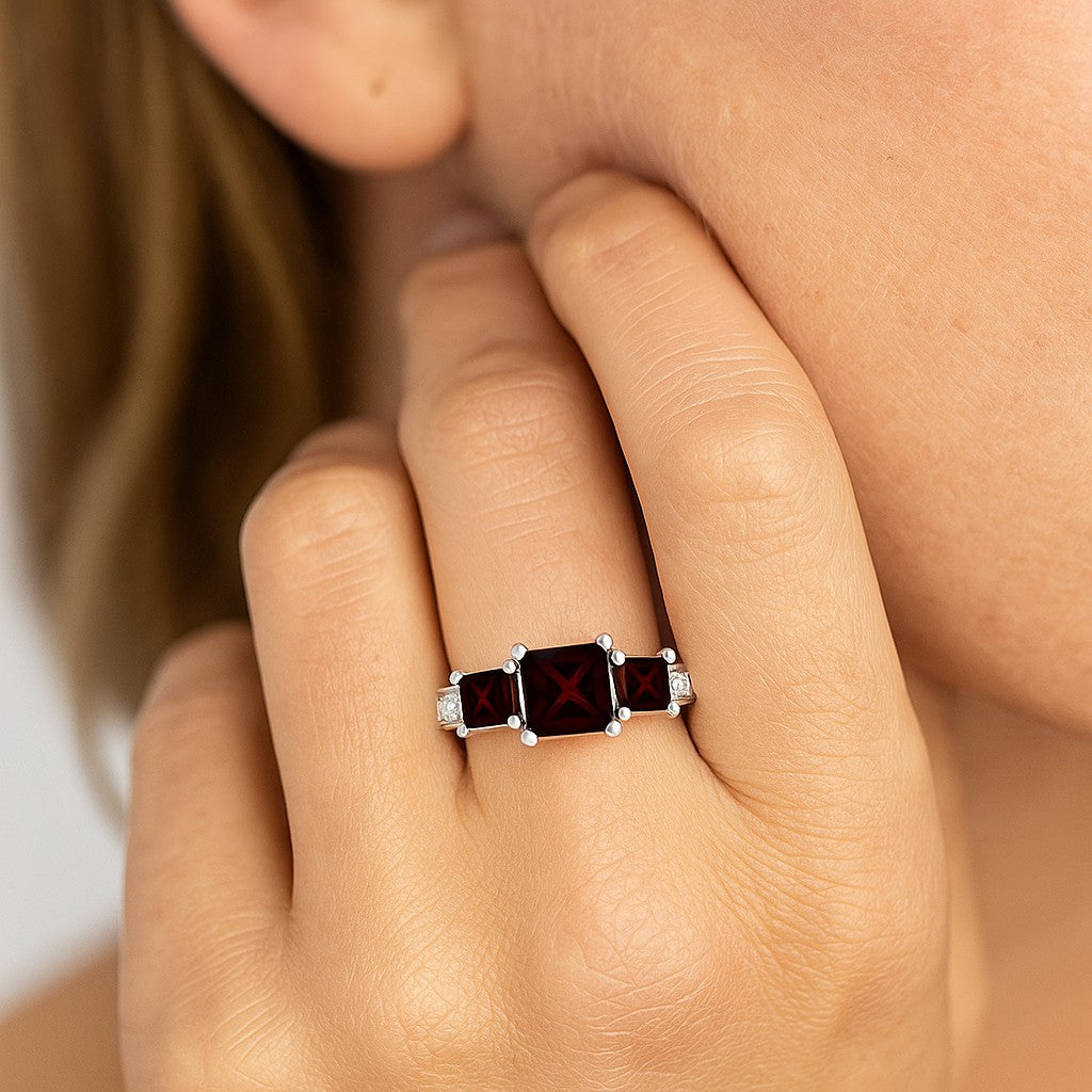 Princess Cut Three-Stone Ring | Sterling Silver Birthstone Ring | Genuine Gemstone & Diamond Studded Ring | Personalized Promise Ring | Gift for Her