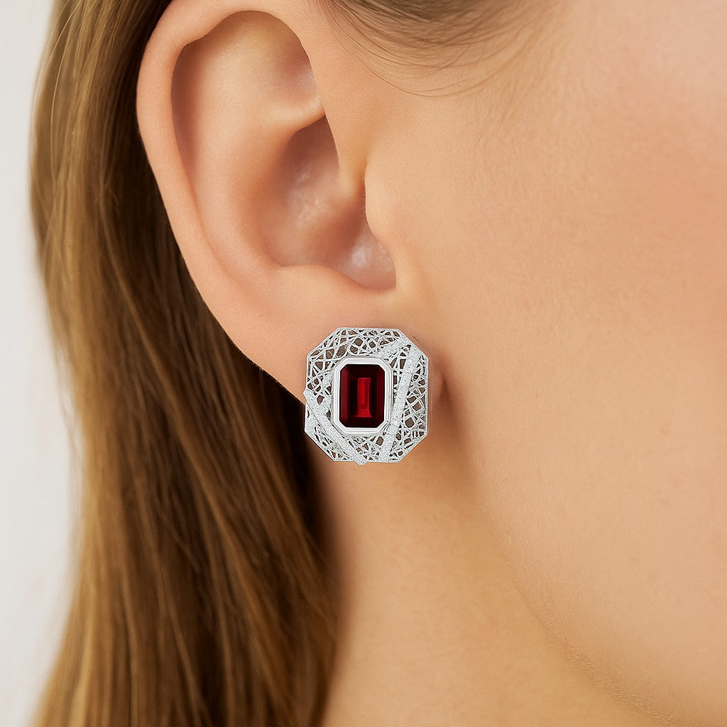 Art Deco Geometric Stud Earrings | 925 Sterling Silver Birthstone Stud Earrings | Diamond Accent Gemstone Earrings | 15 Birthstone Options | Gift for Women