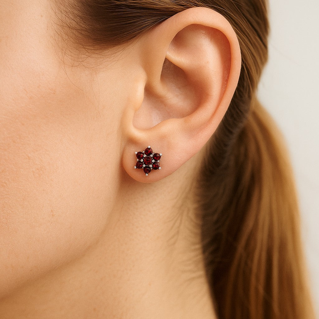 Floral Cluster Stud Earrings | 925 Sterling Silver Birthstone Stud Earrings | Diamond Accent Gemstone Earrings | 15 Birthstone Options | Gift for Women