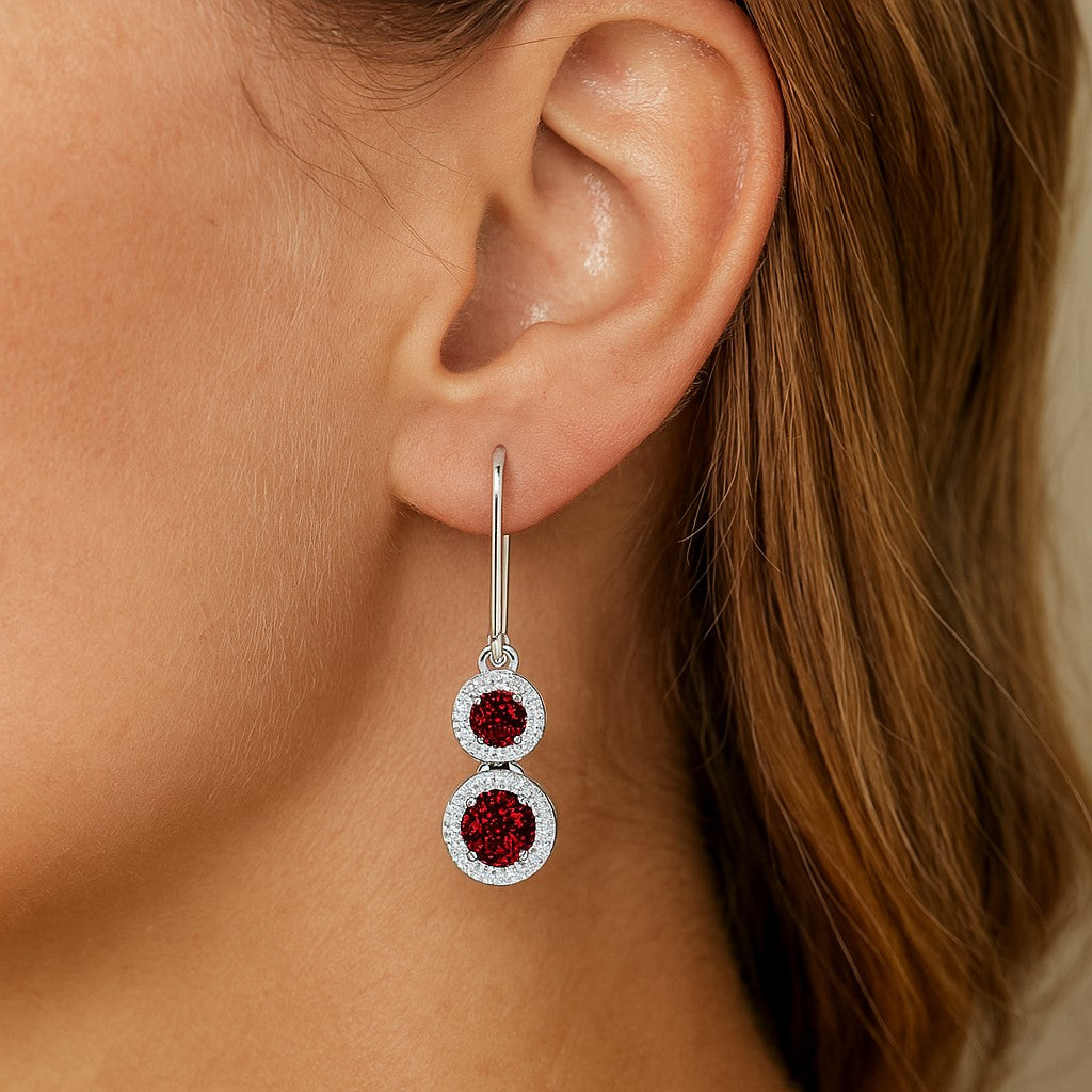 Double Halo Lever back Drop Earrings | 925 Sterling Silver Birthstone Stud Earrings | Diamond Accent Gemstone Earrings | 15 Birthstone Options | Gift for Women