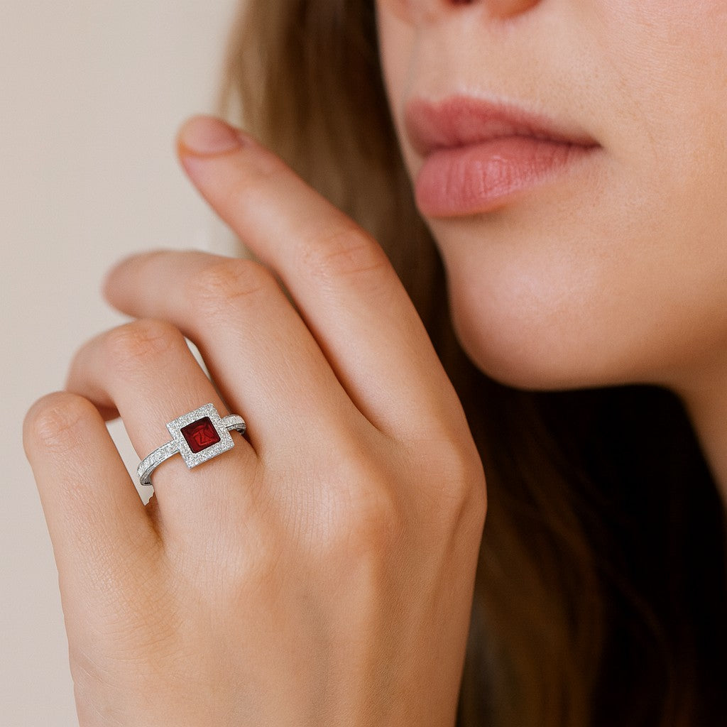 Princess Halo Solitaire Ring | Sterling Silver Birthstone Ring | Genuine Gemstone & Diamond Studded Ring | Personalized Promise Ring | Gift for Her