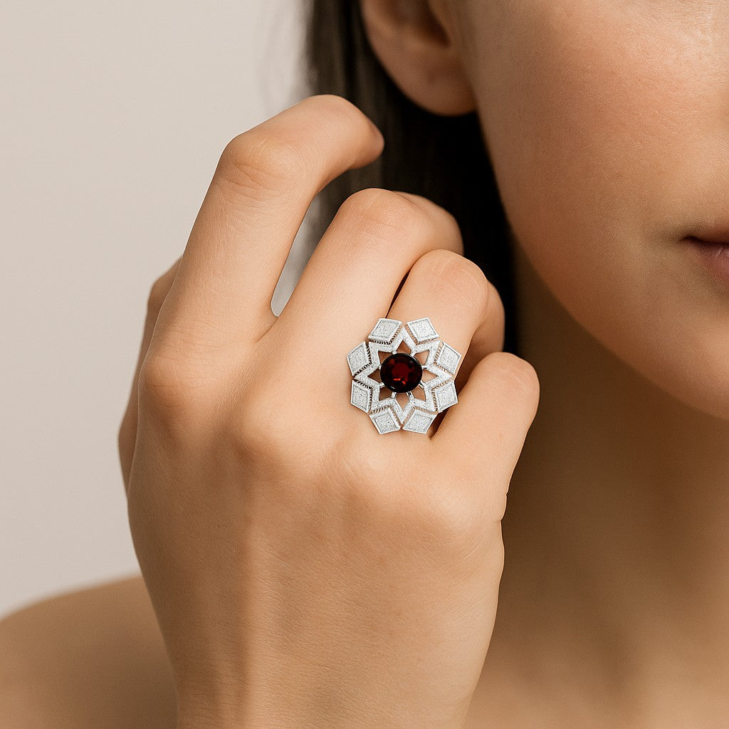 Geometric Statement Ring | Sterling Silver Birthstone Ring | Genuine Gemstone & Diamond Studded Ring | Personalized Promise Ring | Gift for Her