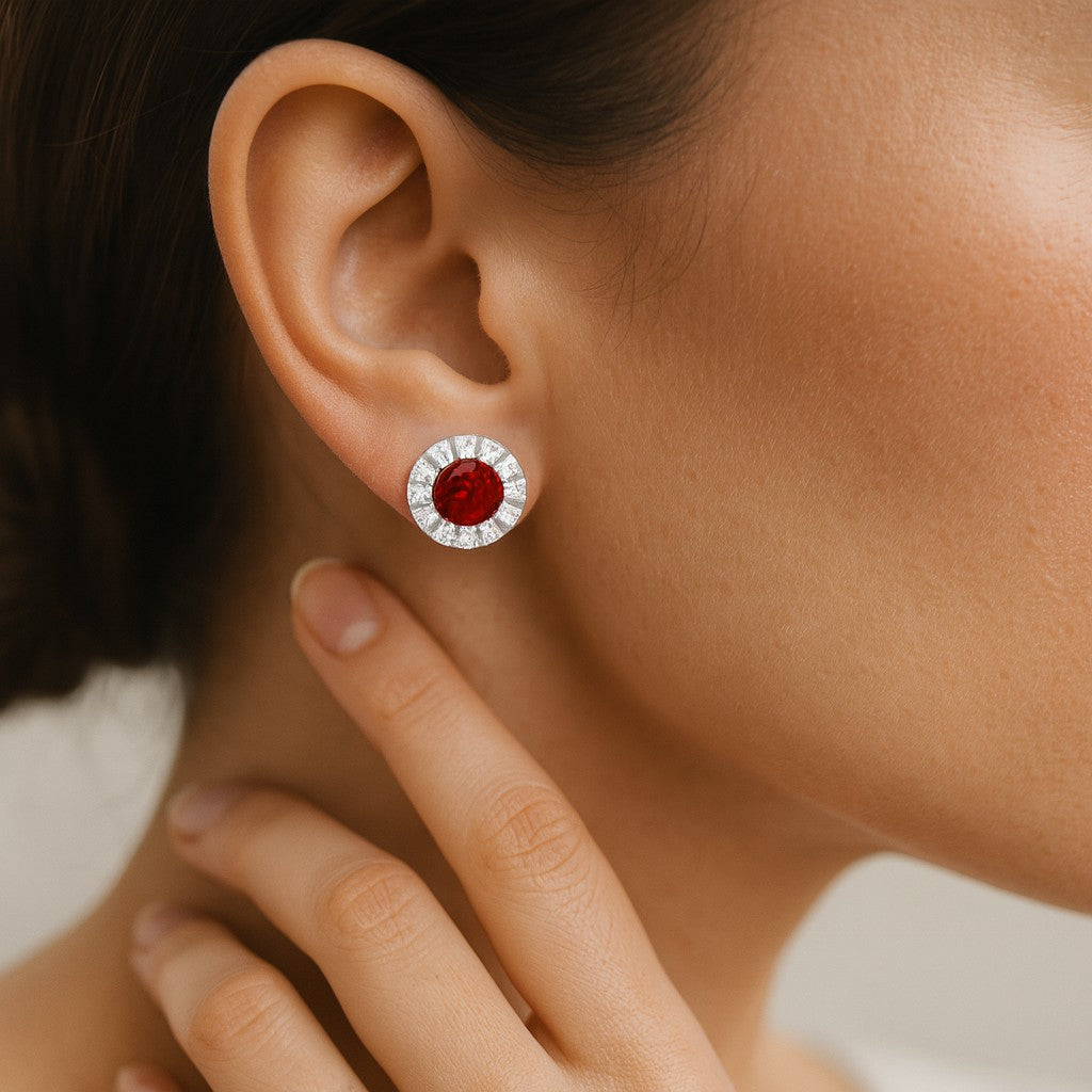 Sunburst Halo Stud Earrings | 925 Sterling Silver Birthstone Stud Earrings | Diamond Accent Gemstone Earrings | 15 Birthstone Options | Gift for Women