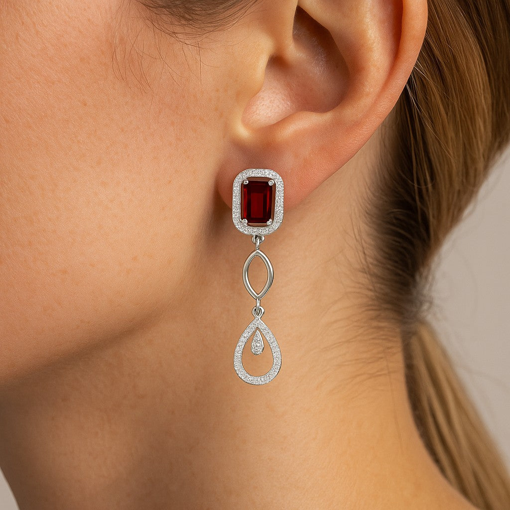 Geometric Halo Drop Earrings | 925 Sterling Silver Birthstone Stud Earrings | Diamond Accent Gemstone Earrings | 15 Birthstone Options | Gift for Women Geometric Halo Drop Earrings
