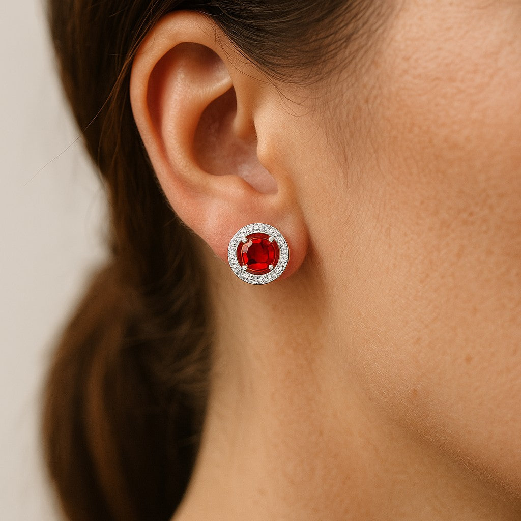 Round Halo Stud Earrings | 925 Sterling Silver Birthstone Stud Earrings | Diamond Accent Gemstone Earrings | 15 Birthstone Options | Gift for Women