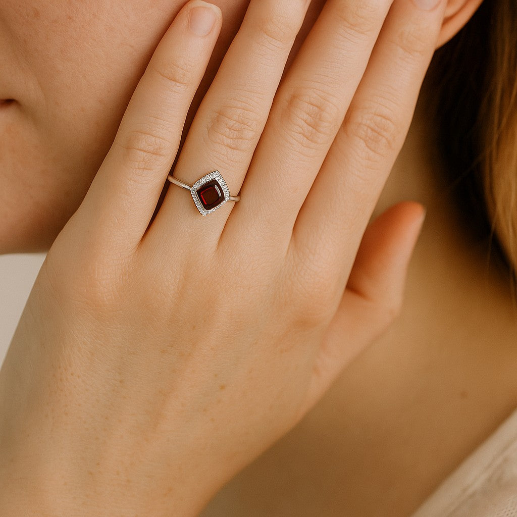 Cushion Halo Solitaire Ring | Sterling Silver Birthstone Ring | Genuine Gemstone & Diamond Studded Ring | Personalized Promise Ring | Gift for Her