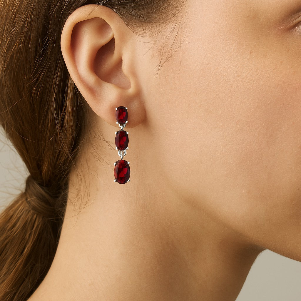 Three-Stone Drop Earrings | 925 Sterling Silver Birthstone Stud Earrings | Diamond Accent Gemstone Earrings | 15 Birthstone Options | Gift for Women