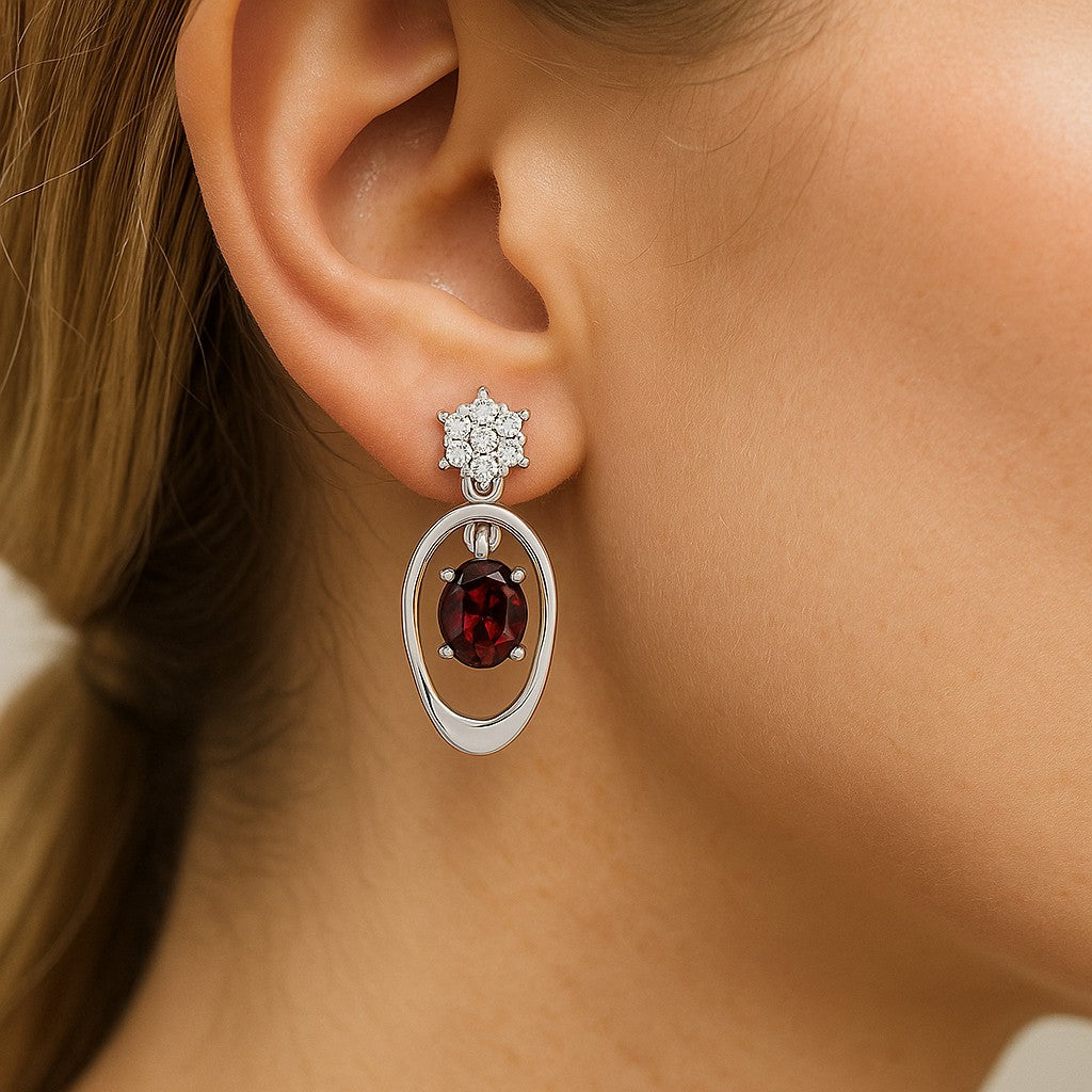 Open Oval Drop Earrings | 925 Sterling Silver Birthstone Stud Earrings | Diamond Accent Gemstone Earrings | 15 Birthstone Options | Gift for Women
