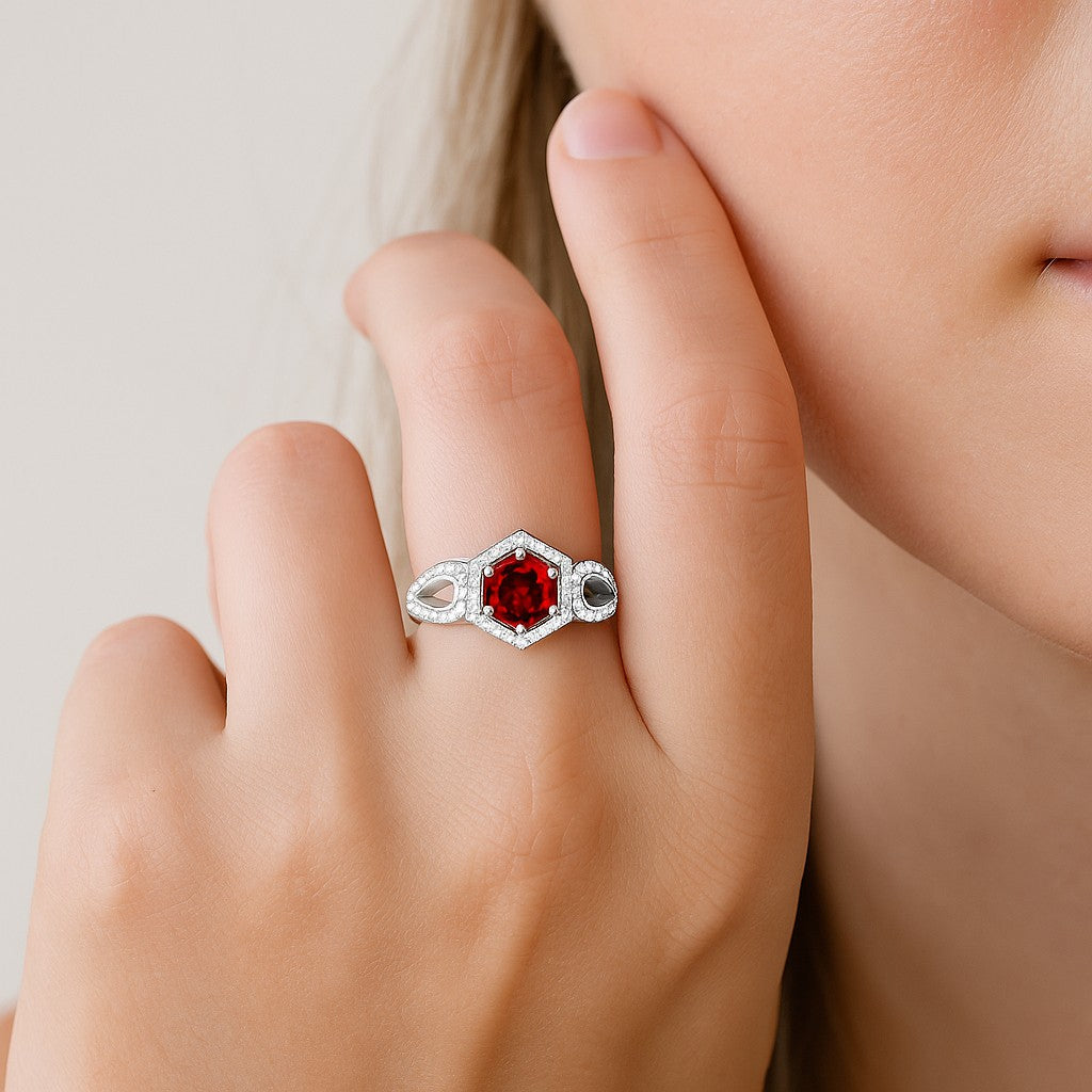 Hexagon Halo Solitaire Ring | Sterling Silver Birthstone Ring | Genuine Gemstone & Diamond Studded Ring | Personalized Promise Ring | Gift for Her
