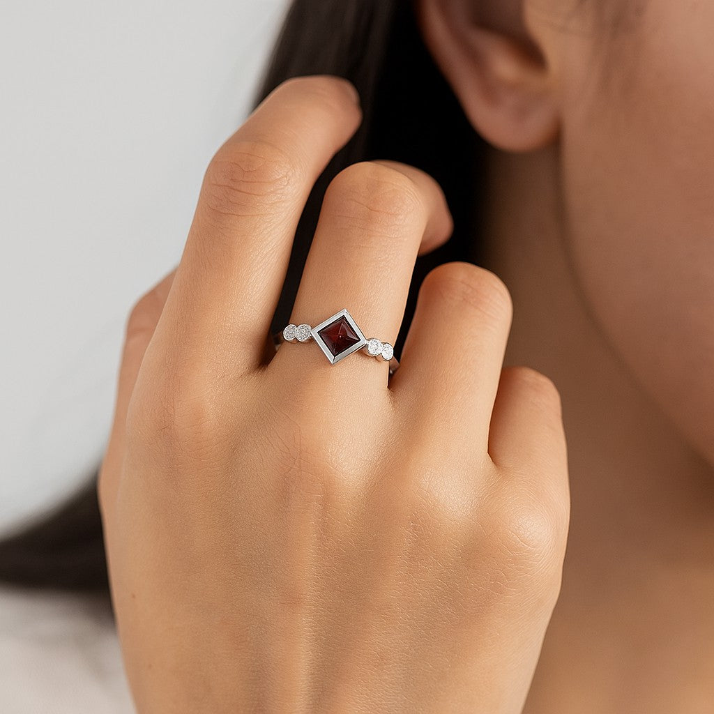 Princess Cut Bezel Three-Stone Ring | Sterling Silver Birthstone Ring | Genuine Gemstone & Diamond Studded Ring | Personalized Promise Ring | Gift for Her