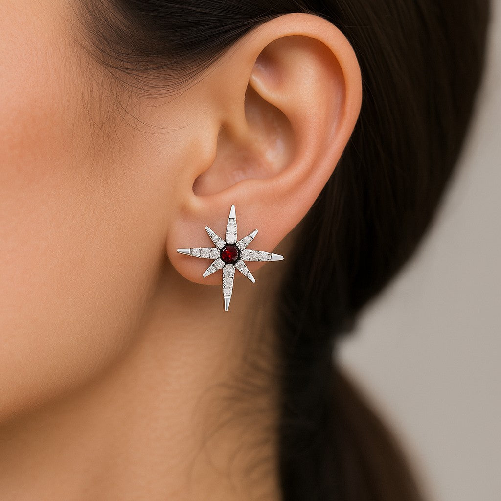 Celestial Starburst Stud Earrings | 925 Sterling Silver Birthstone Stud Earrings | Diamond Accent Gemstone Earrings | 15 Birthstone Options | Gift for Women