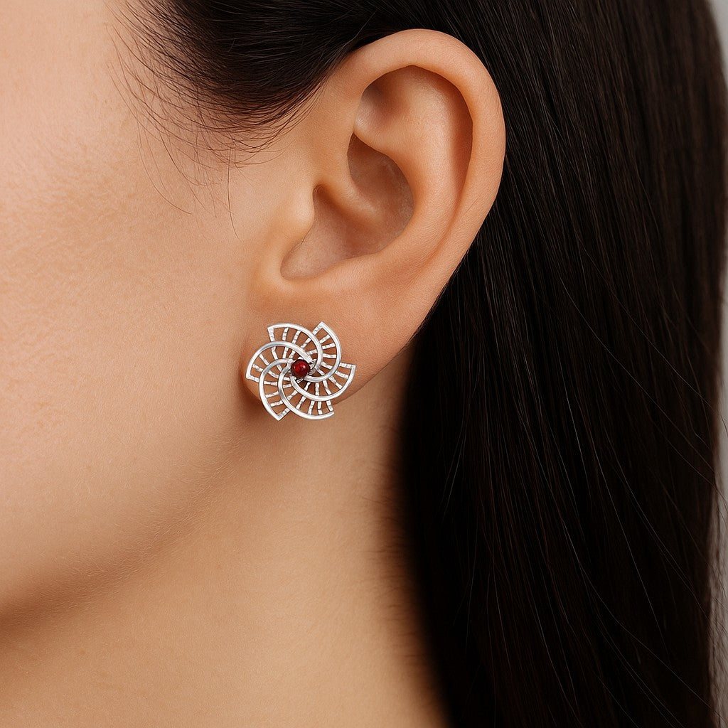 Spiral Floral Stud Earrings | 925 Sterling Silver Birthstone Stud Earrings | Diamond Accent Gemstone Earrings | 15 Birthstone Options | Gift for Women
