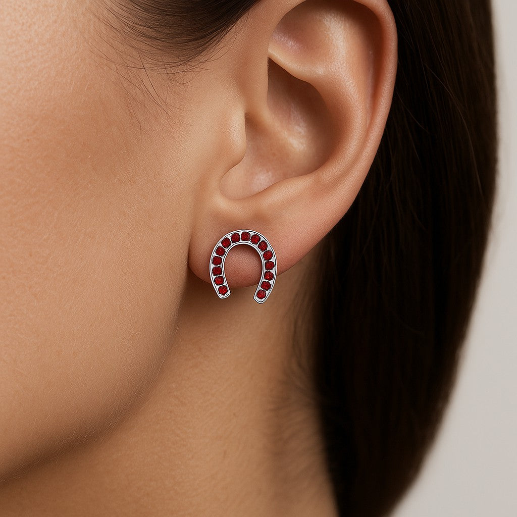 Horseshoe Stud Earrings | 925 Sterling Silver Birthstone Stud Earrings | Diamond Accent Gemstone Earrings | 15 Birthstone Options | Gift for Women