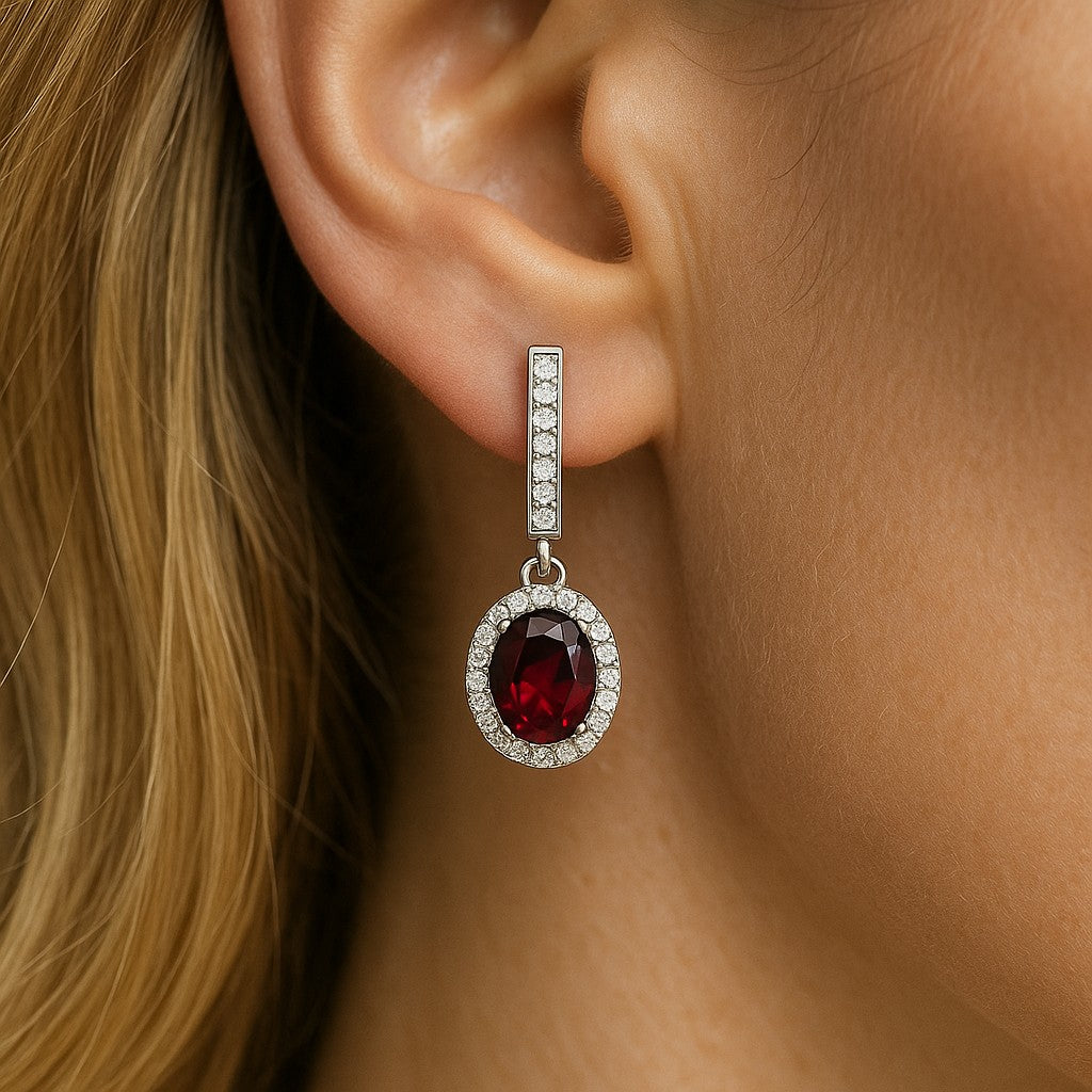 Oval Halo Drop Earrings | 925 Sterling Silver Birthstone Stud Earrings | Diamond Accent Gemstone Earrings | 15 Birthstone Options | Gift for Women