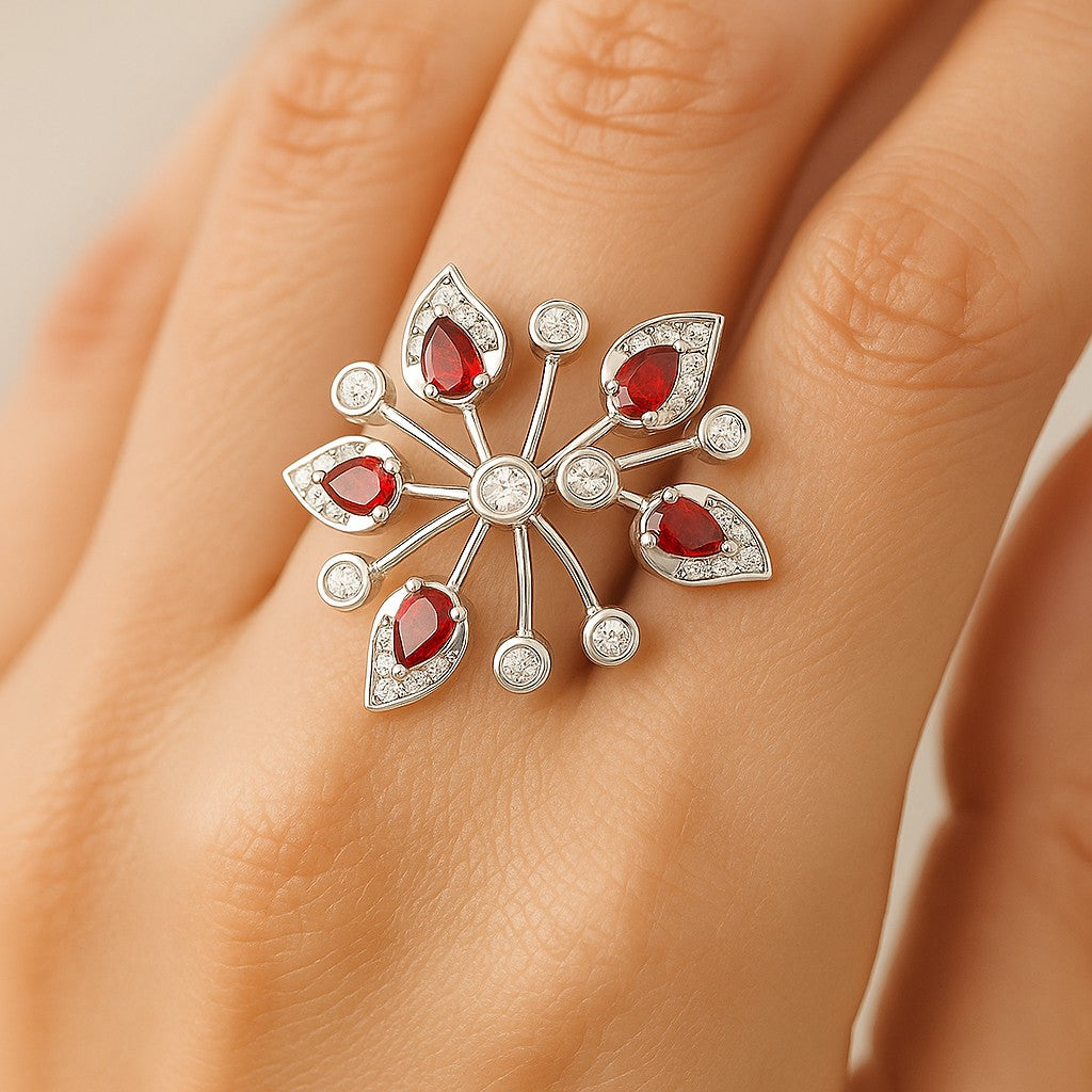 Nature Inspired Floral Cluster Ring | Sterling Silver Birthstone Ring | Genuine Gemstone & Diamond Studded Ring | Personalized Promise Ring | Gift for Her