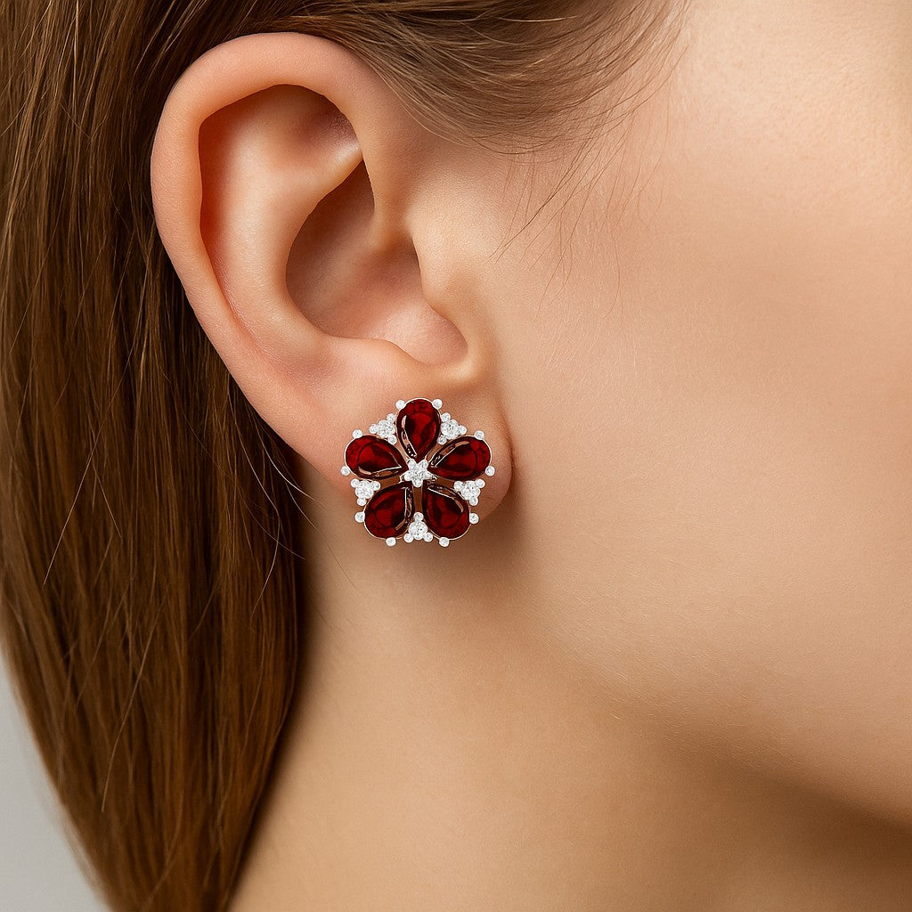 Pear Cut Garnet Gemstones | 925 Sterling Silver Birthstone Stud Earrings | Diamond Accent Gemstone Earrings | 15 Birthstone Options | Gift for Women