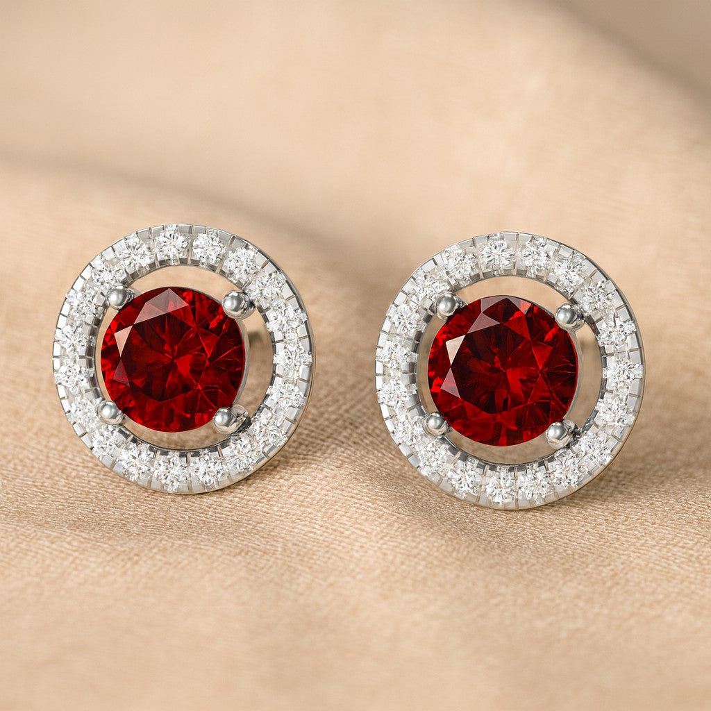Round Halo Stud Earrings | 925 Sterling Silver Birthstone Stud Earrings | Diamond Accent Gemstone Earrings | 15 Birthstone Options | Gift for Women