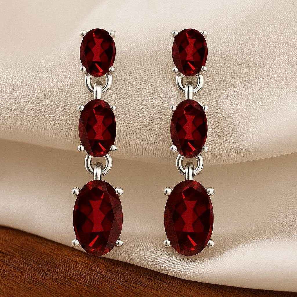 Three-Stone Drop Earrings | 925 Sterling Silver Birthstone Stud Earrings | Diamond Accent Gemstone Earrings | 15 Birthstone Options | Gift for Women
