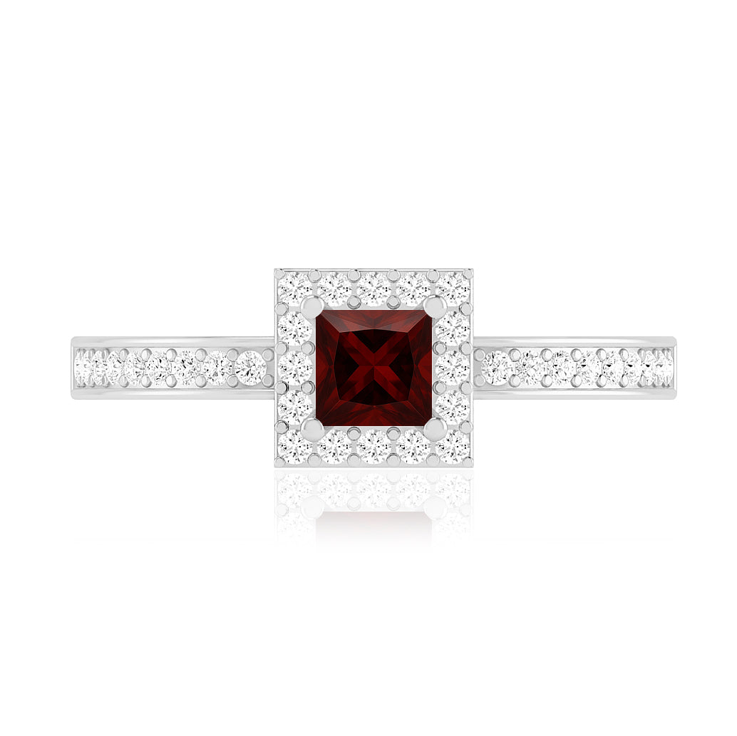 Princess Halo Solitaire Ring | Sterling Silver Birthstone Ring | Genuine Gemstone & Diamond Studded Ring | Personalized Promise Ring | Gift for Her