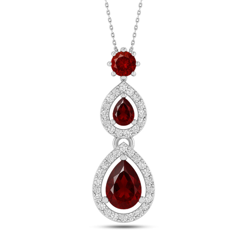 Double Pear Halo Drop Pendant | Sterling Silver Birthstone Necklace | Diamond Accent | Adjustable Chain | 15 Gemstone Choices