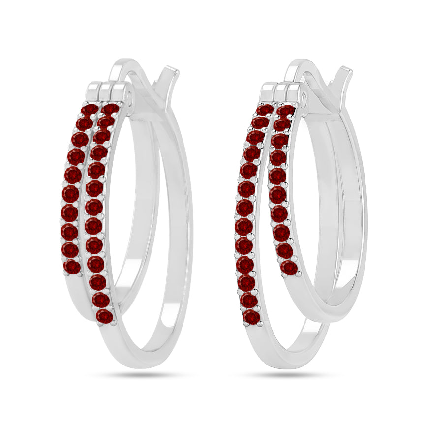 Double Row Hoop Earrings | 925 Sterling Silver Birthstone Stud Earrings | Diamond Accent Gemstone Earrings | 15 Birthstone Options | Gift for Women
