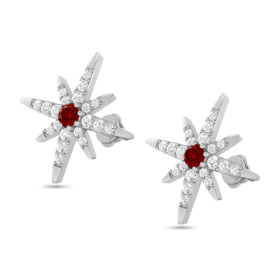 Celestial Starburst Stud Earrings | 925 Sterling Silver Birthstone Stud Earrings | Diamond Accent Gemstone Earrings | 15 Birthstone Options | Gift for Women