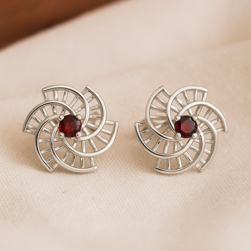 Spiral Floral Stud Earrings | 925 Sterling Silver Birthstone Stud Earrings | Diamond Accent Gemstone Earrings | 15 Birthstone Options | Gift for Women