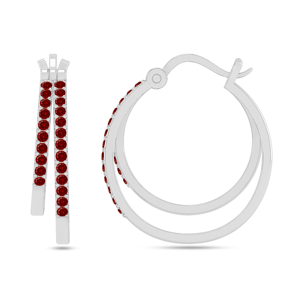 Double Row Hoop Earrings | 925 Sterling Silver Birthstone Stud Earrings | Diamond Accent Gemstone Earrings | 15 Birthstone Options | Gift for Women