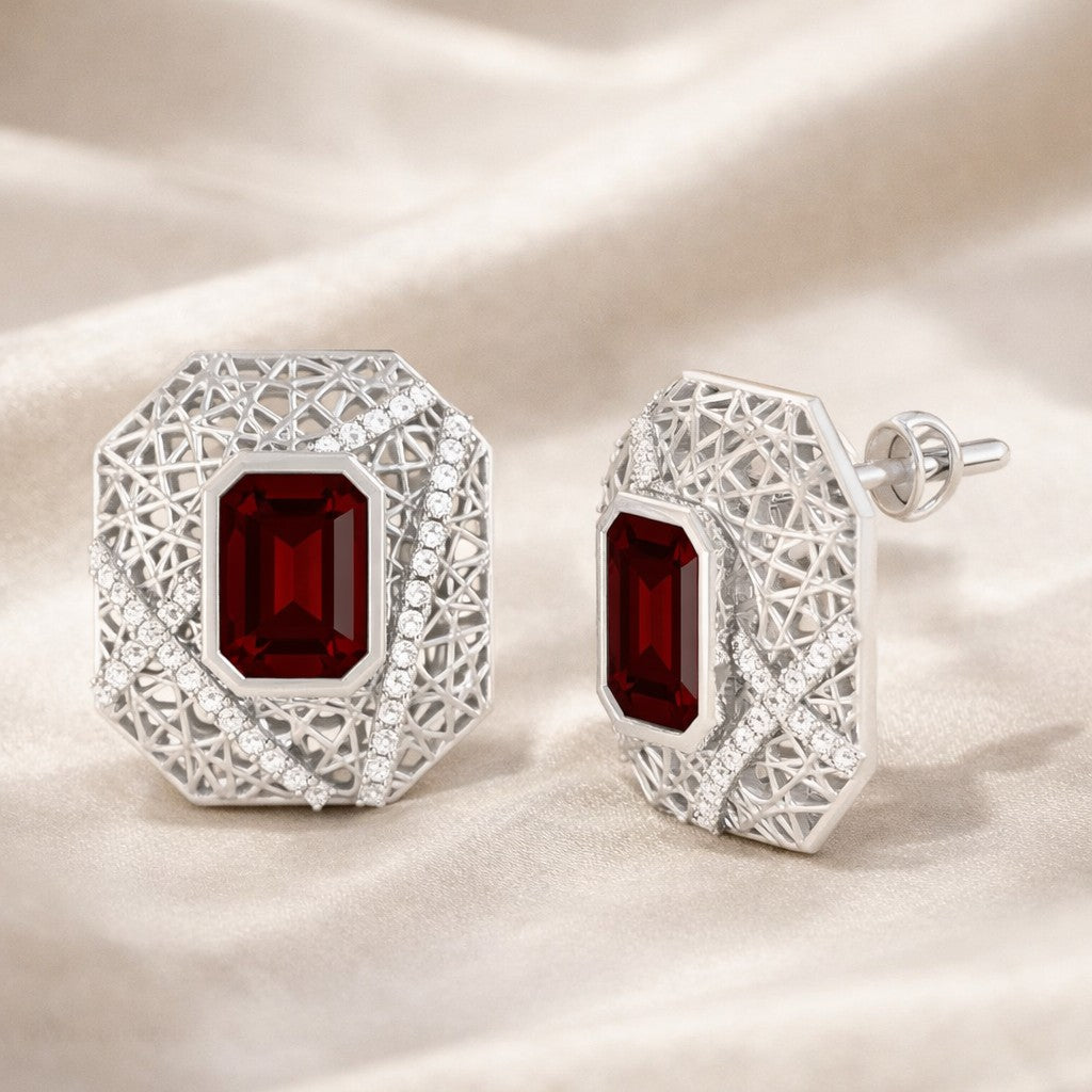 Art Deco Geometric Stud Earrings | 925 Sterling Silver Birthstone Stud Earrings | Diamond Accent Gemstone Earrings | 15 Birthstone Options | Gift for Women