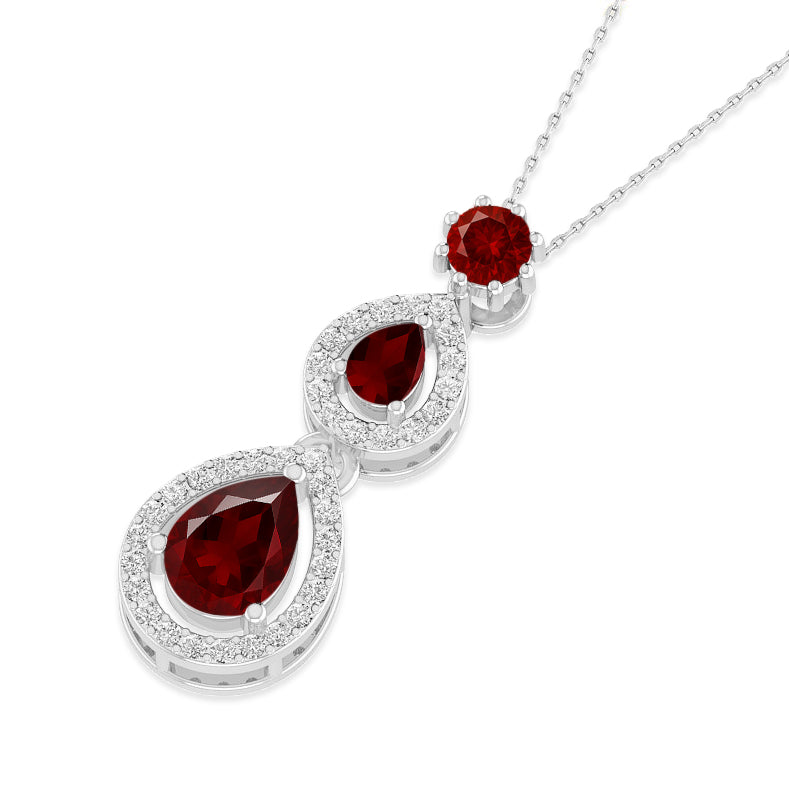 Double Pear Halo Drop Pendant | Sterling Silver Birthstone Necklace | Diamond Accent | Adjustable Chain | 15 Gemstone Choices