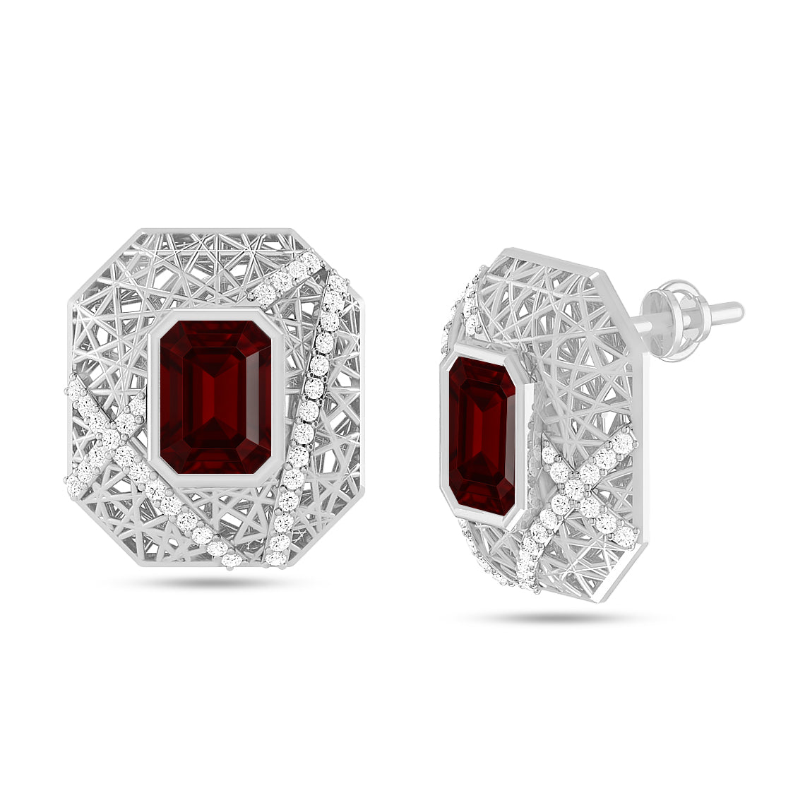 Art Deco Geometric Stud Earrings | 925 Sterling Silver Birthstone Stud Earrings | Diamond Accent Gemstone Earrings | 15 Birthstone Options | Gift for Women
