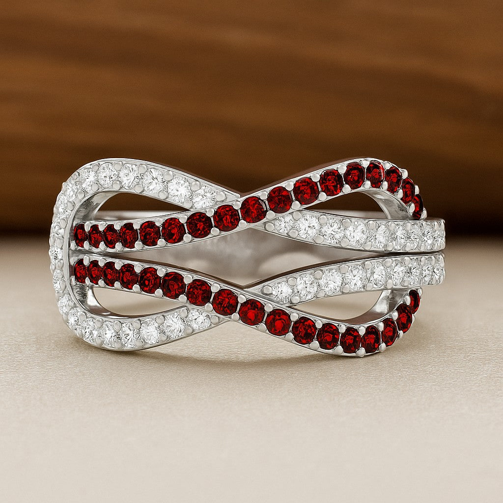 Infinity Crossover Band Ring| Sterling Silver Birthstone Ring | Genuine Gemstone & Diamond Studded Ring | Personalized Promise Ring | Gift for Her