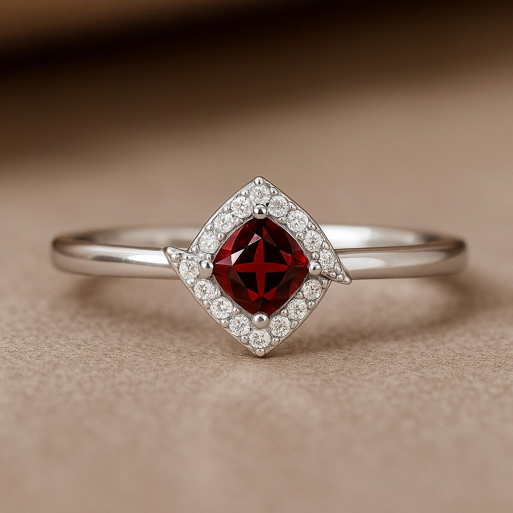 Cushion Halo Solitaire Ring | Sterling Silver Birthstone Ring | Genuine Gemstone & Diamond Studded Ring | Personalized Promise Ring | Gift for Her