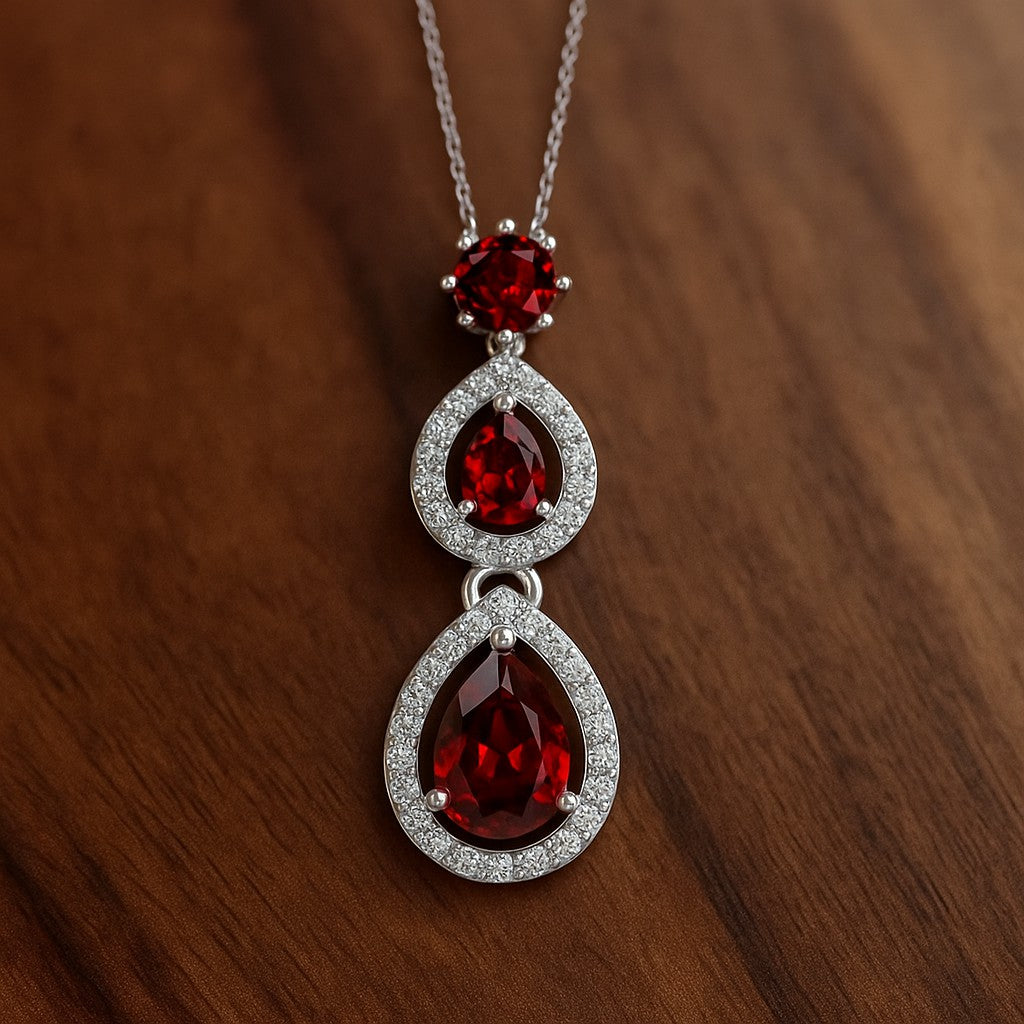 Double Pear Halo Drop Pendant | Sterling Silver Birthstone Necklace | Diamond Accent | Adjustable Chain | 15 Gemstone Choices