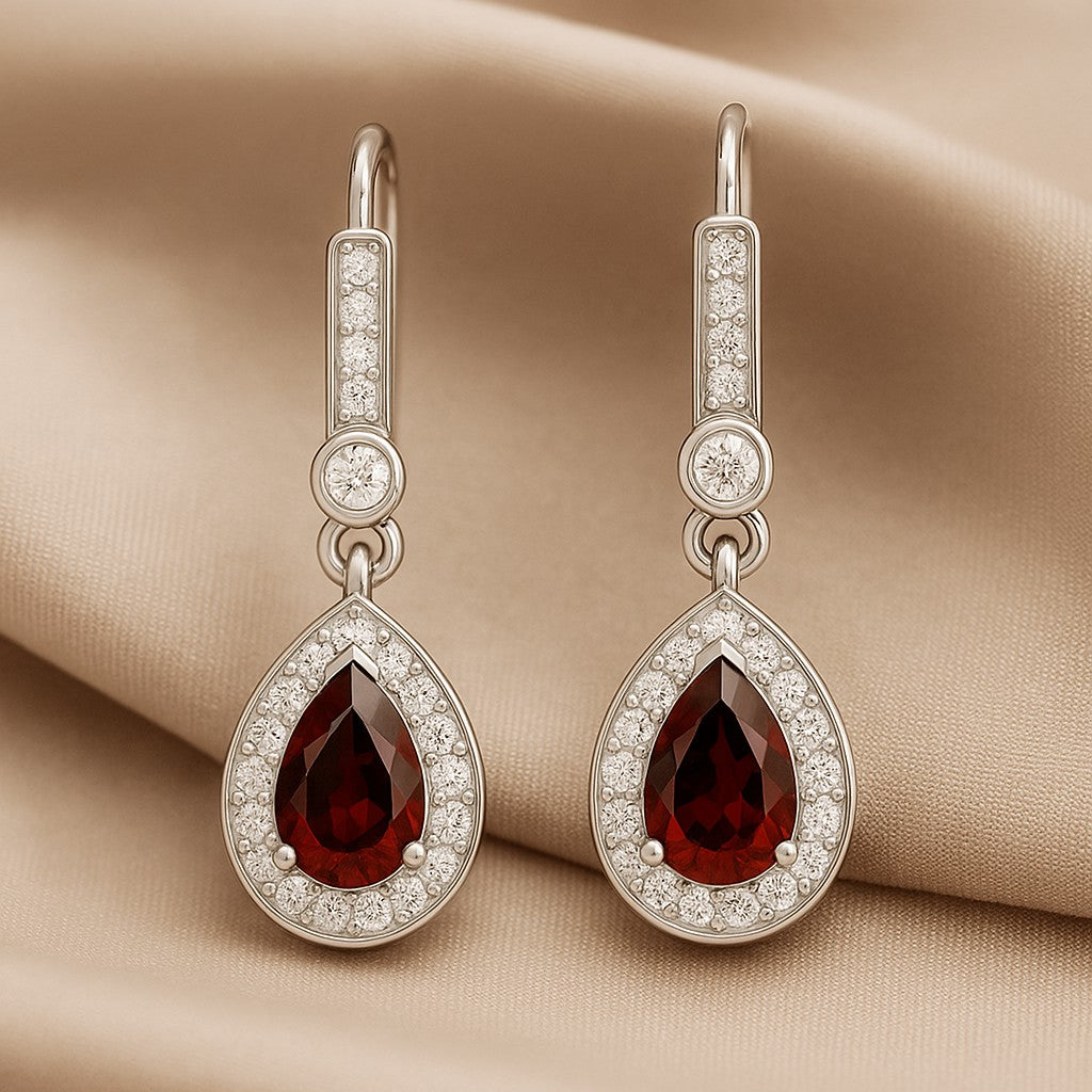 Pear Halo Drop Earrings | 925 Sterling Silver Birthstone Stud Earrings | Diamond Accent Gemstone Earrings | 15 Birthstone Options | Gift for Women
